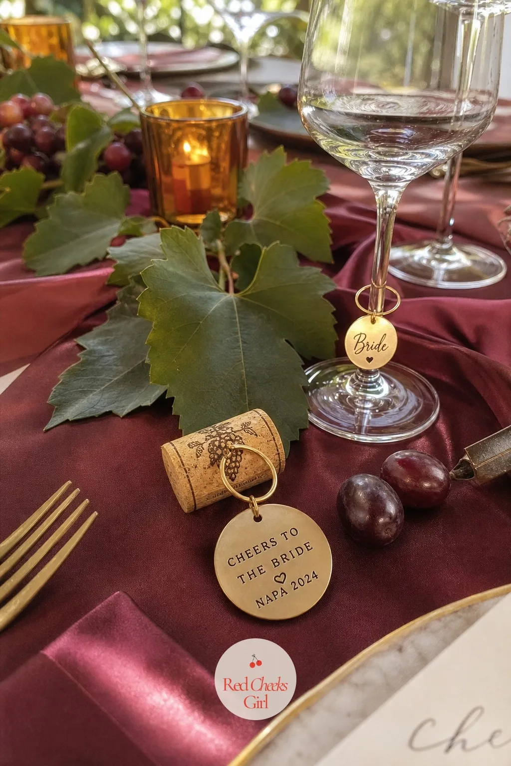 A Cork Stopper Keepsake Favor — The wine charm goes on a glass she will leave behind. Winery bachelorette party ideas