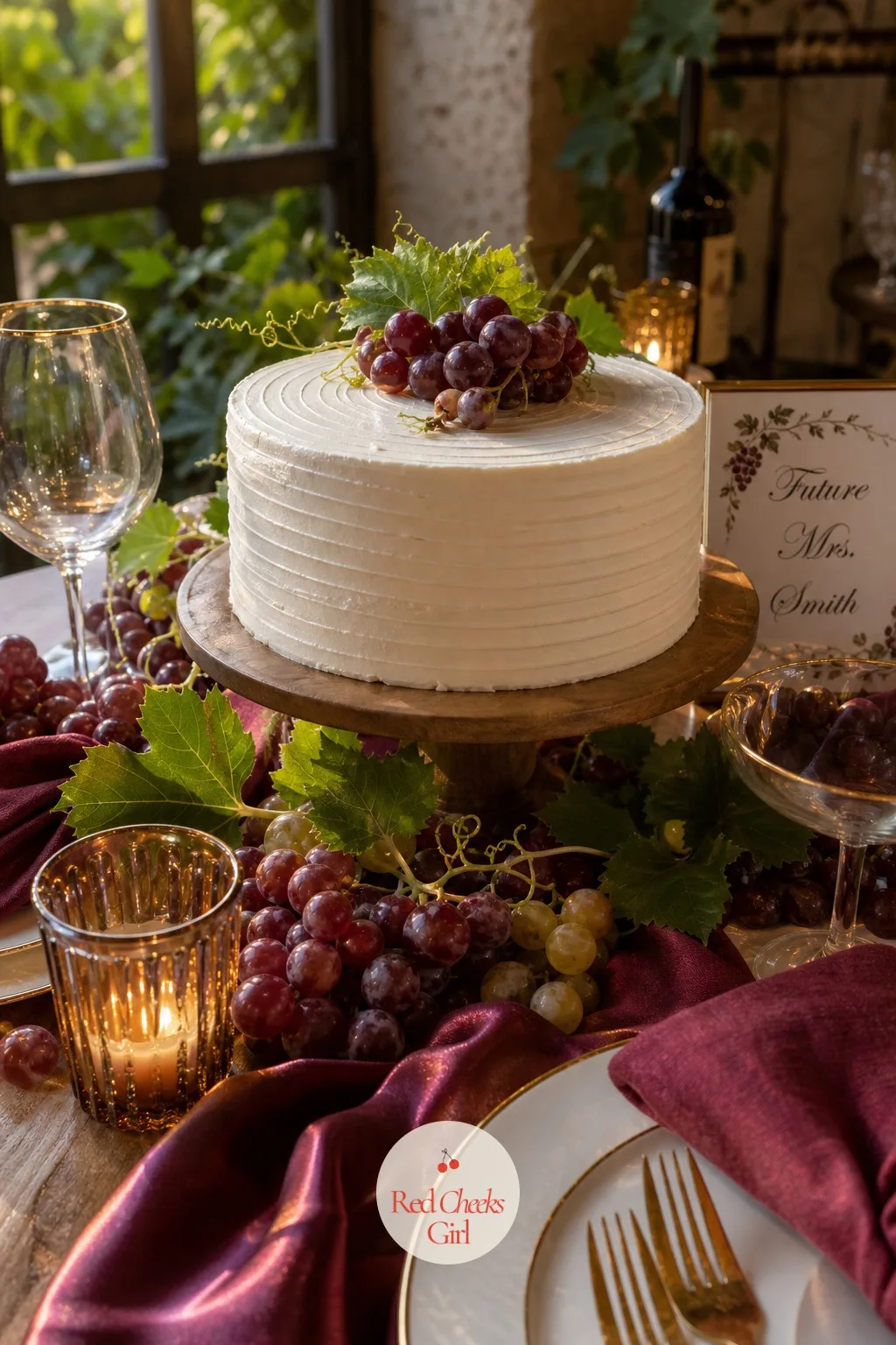 The Grape Cake — A plain white cake on this table looks like it wandered in from a different party. Winery bachelorette party ideas