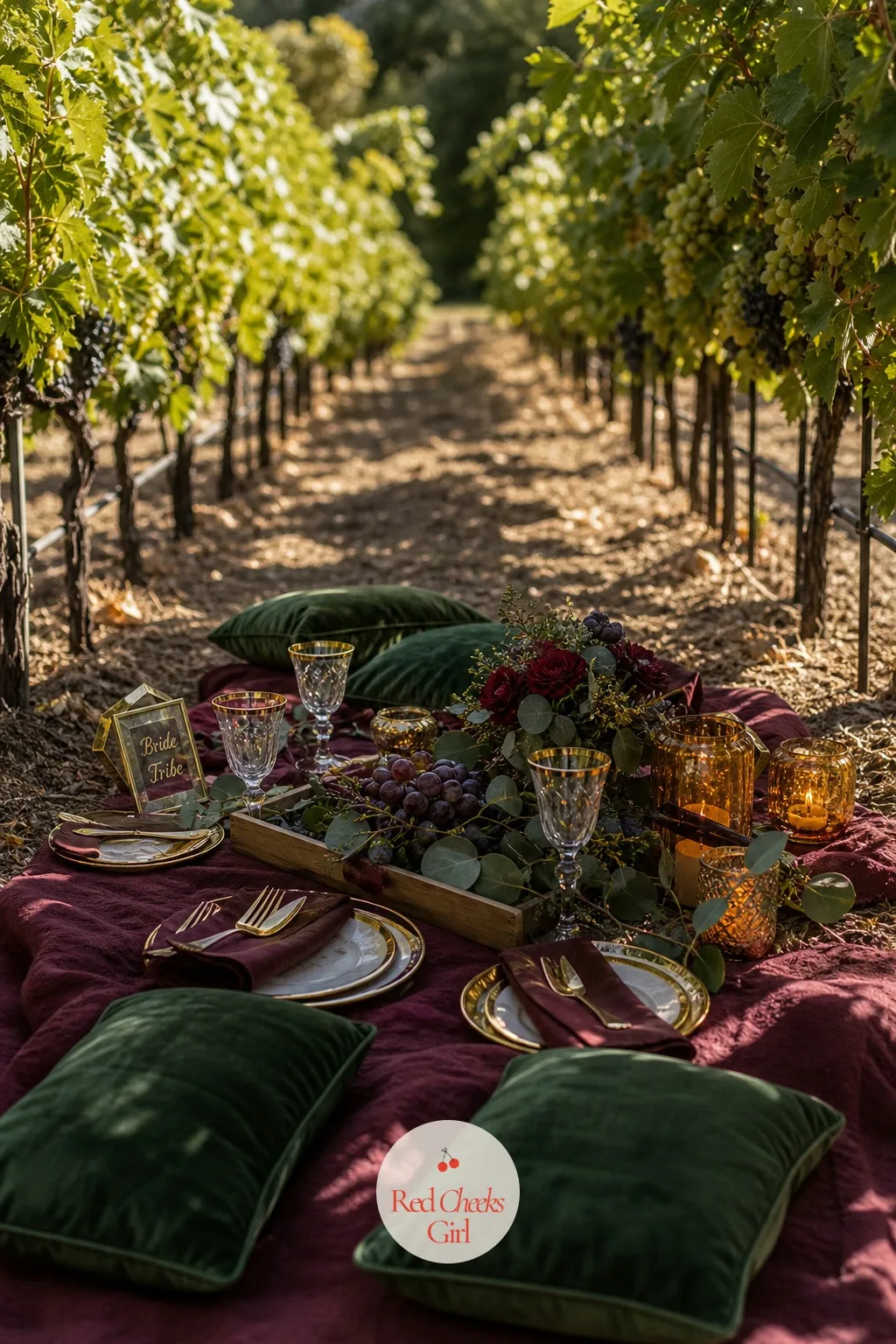 A Picnic Among the Vines — A folding table between two rows looks like an apology. Winery bachelorette party ideas