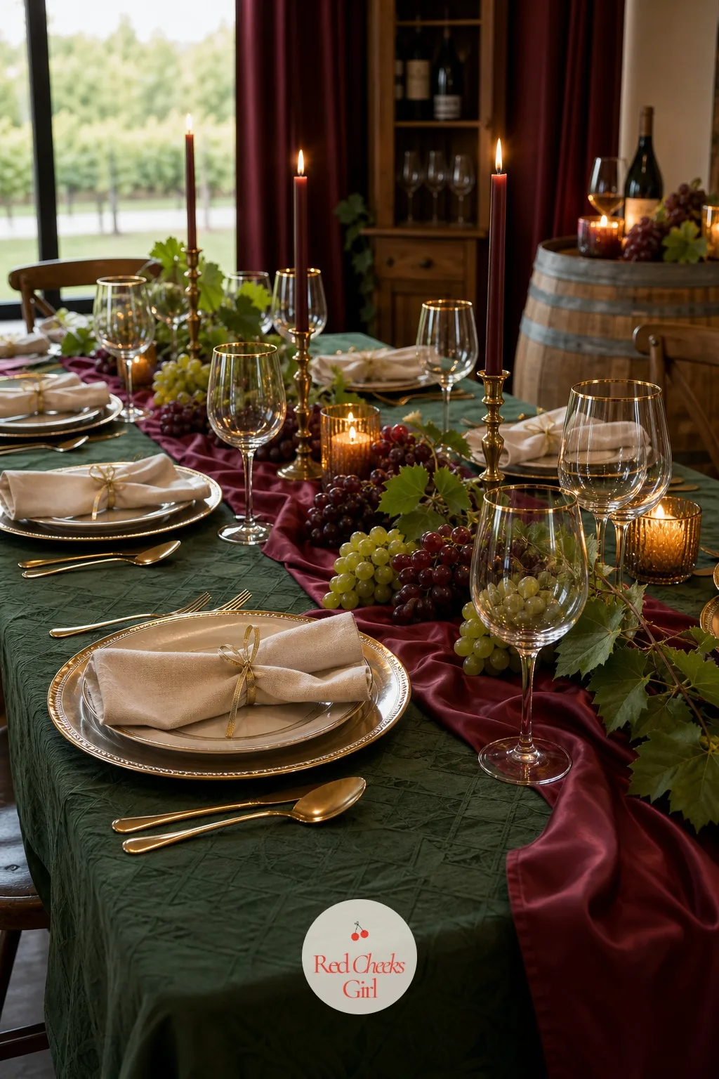 The Tablescape in Burgundy and Gold — A rented long table with nothing on it looks borrowed. Winery bachelorette party ideas