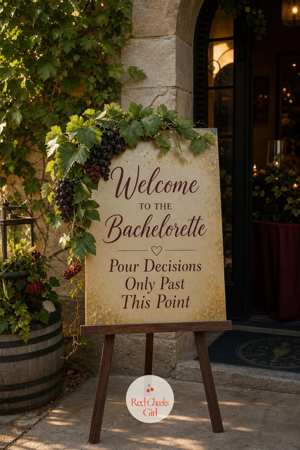 A Welcome Sign at the Tasting Room Door — She walks up expecting a reservation number on a clipboard, not a sign with her own name on it. Winery bachelorette