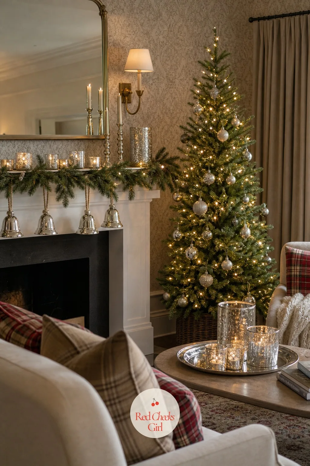 The Mantel and Tree Corner — She will spend more time looking at this corner than at almost anything else in the apartment, since it is what sits behind every