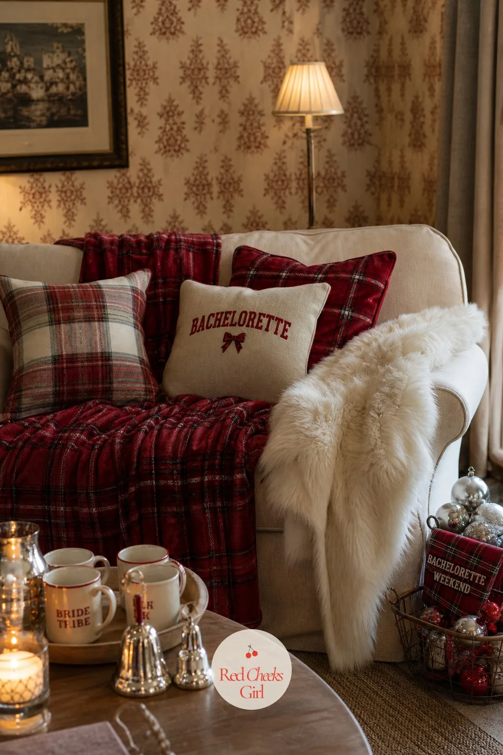 The Plaid Throw Nest — By the second evening, nobody wants to be upright, so the sofa gets built out into something closer to a pile of cushions than a seat.