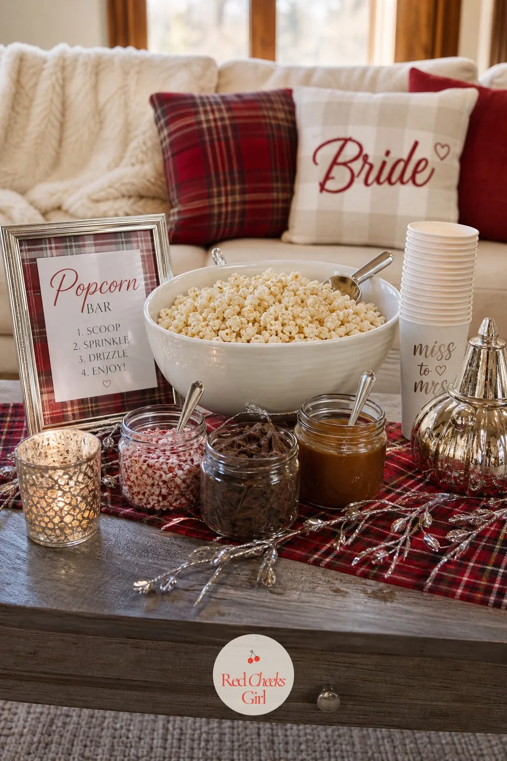 The Popcorn Bar — Plain popcorn in a bowl says nobody tried, so this one gets its own small table instead. Winter bachelorette party
