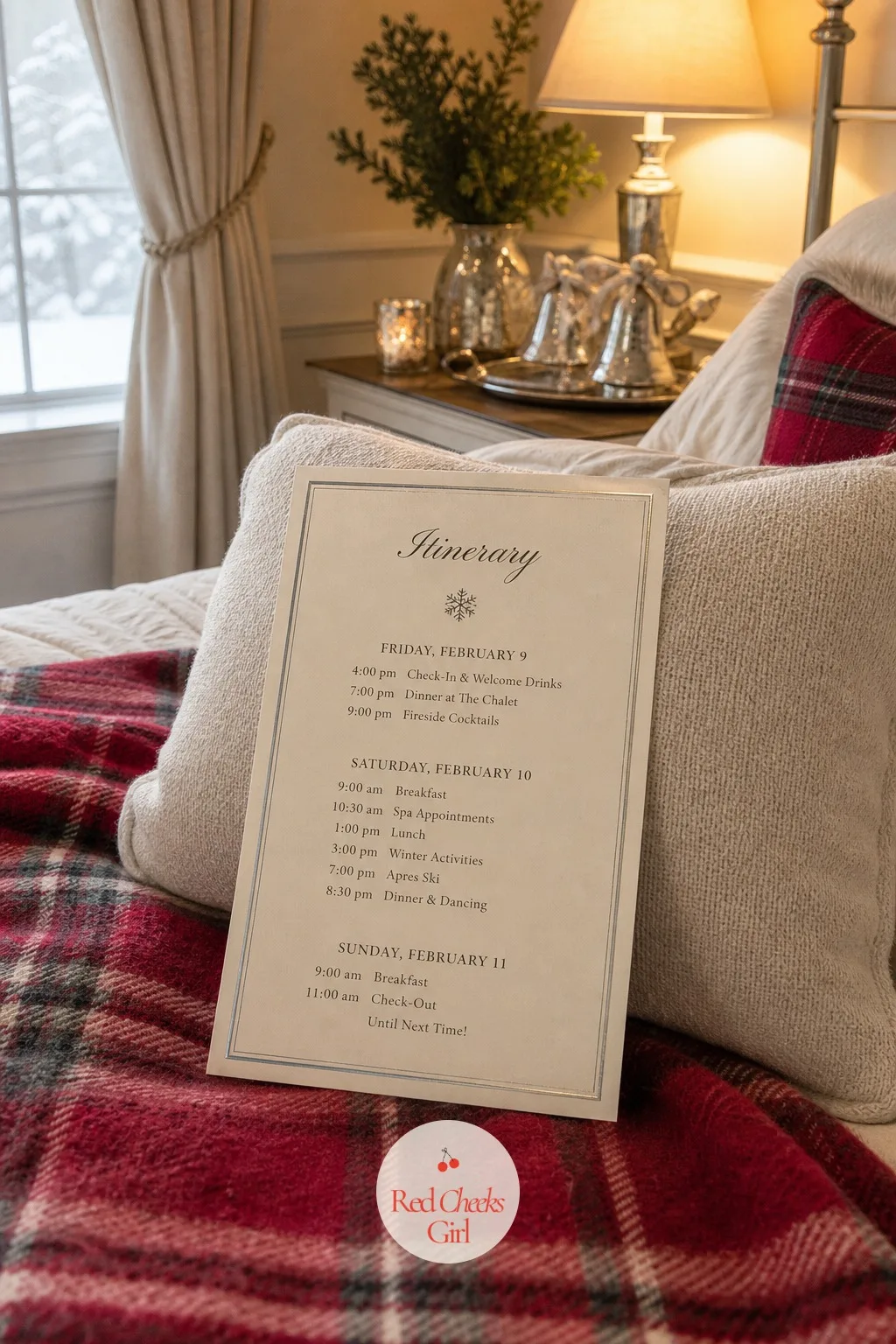 The Printed Itinerary — Somebody always asks what time the rink is booked for, and this is the card that answers it before she has to. Winter bachelorette party