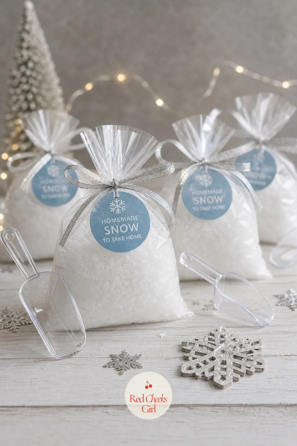 Bags Of Homemade Snow To Take Home — Fake snow sounds like a project, but it is really just two ingredients already sitting in the cupboard, mixed until it