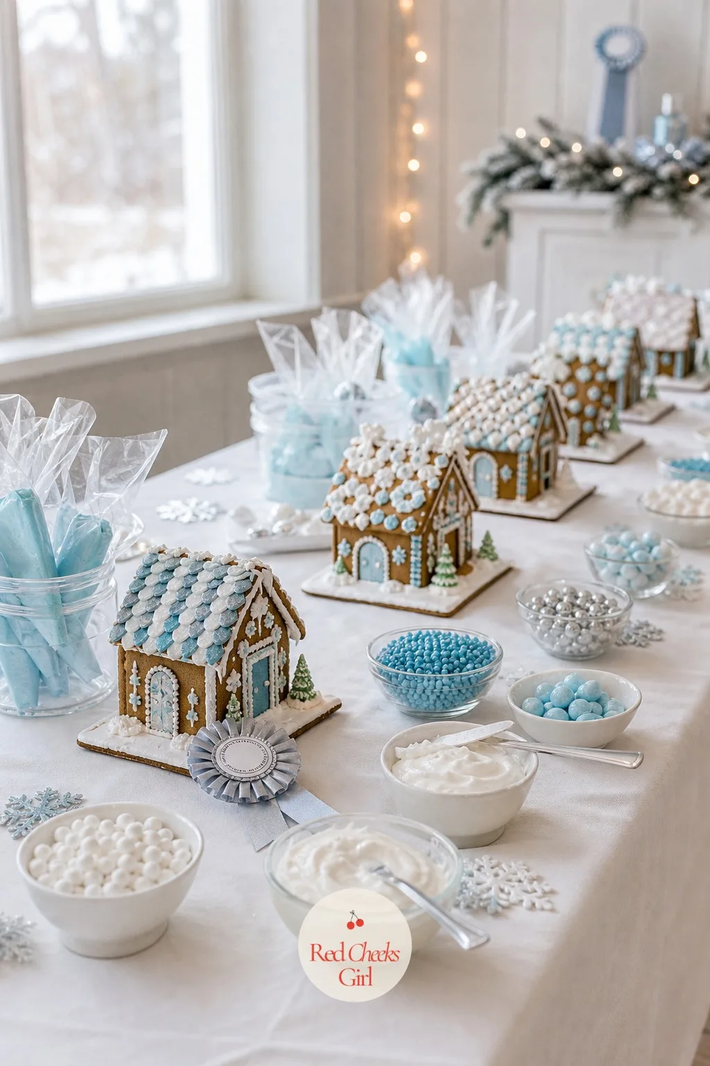 Gingerbread House Decorating Contest — Pre-built or kit gingerbread houses line up on the table, with bowls of icing and candy sorted by color so nobody fights