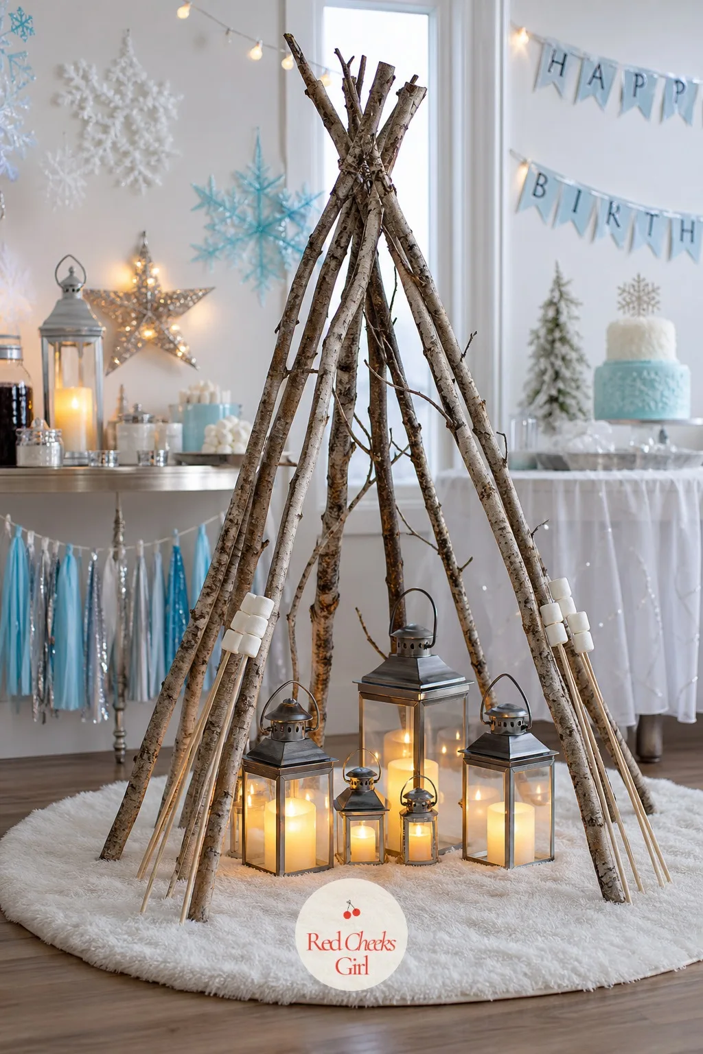 The Indoor Twig Campfire — She will say a real fire indoors sounds like a terrible idea, and she is right, so skip the fire entirely and keep the shape of it.