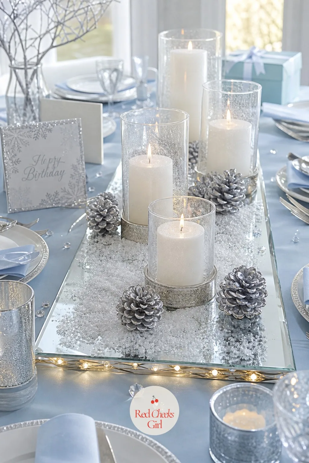Mirror Ice Table Runner Centerpiece — The main table needs one quiet moment that is not food, and a mirror runner laid flat down the center gives it one