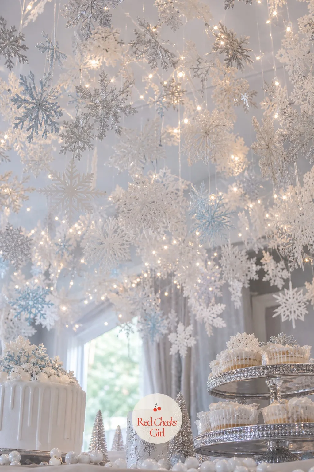 Paper Snowflake Canopy Over The Dessert Table — Hanging anything from the ceiling sounds like a project, until it turns out to be scissors, paper and ten