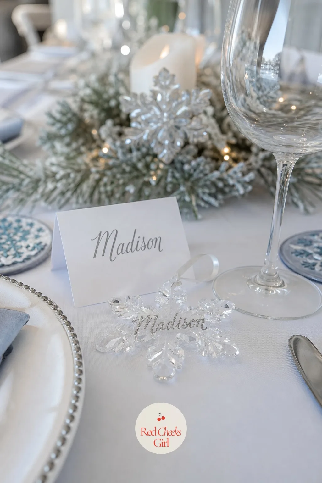 Personalized Snowflake Ornament Keepsake — A plain glass or acrylic snowflake, with each guest's name written across it in silver paint pen, works double duty