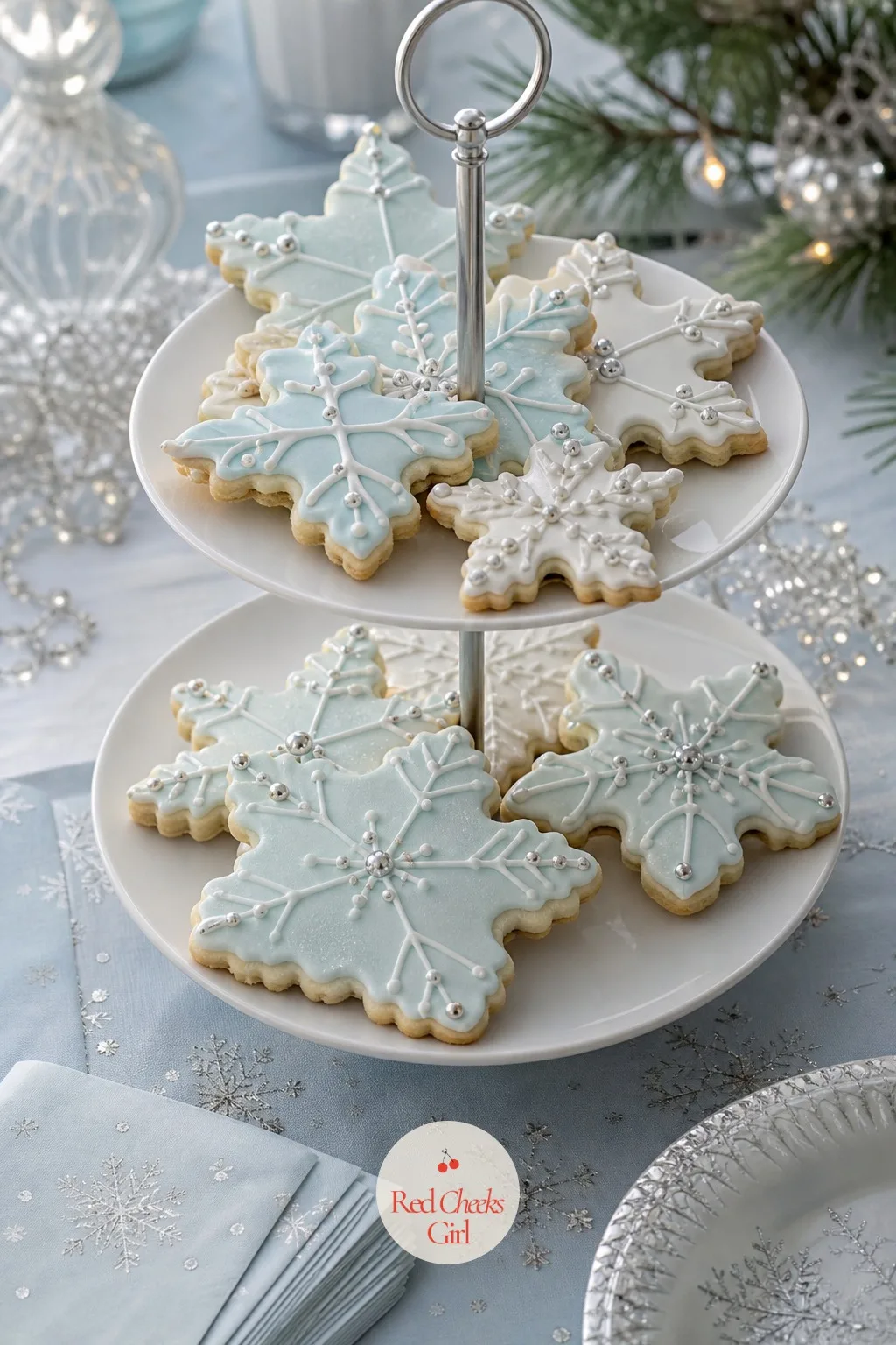Snowflake Sugar Cookies — A plate of plain round cookies disappears into the background of a party table. Winter birthday party ideas