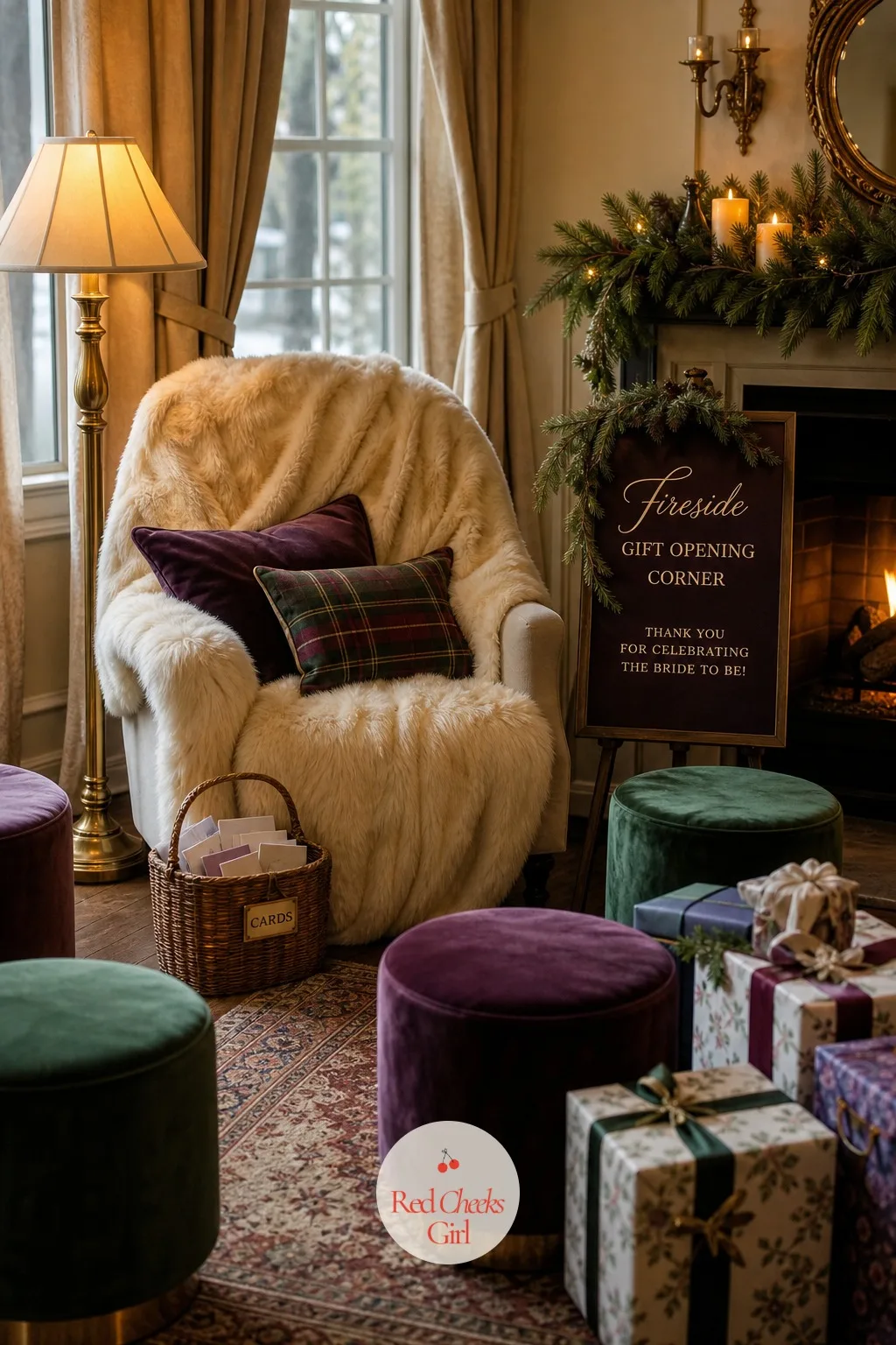 A Fireside Gift Opening Corner — Opening gifts from a folding chair in the middle of the room never feels special. Winter bridal shower ideas