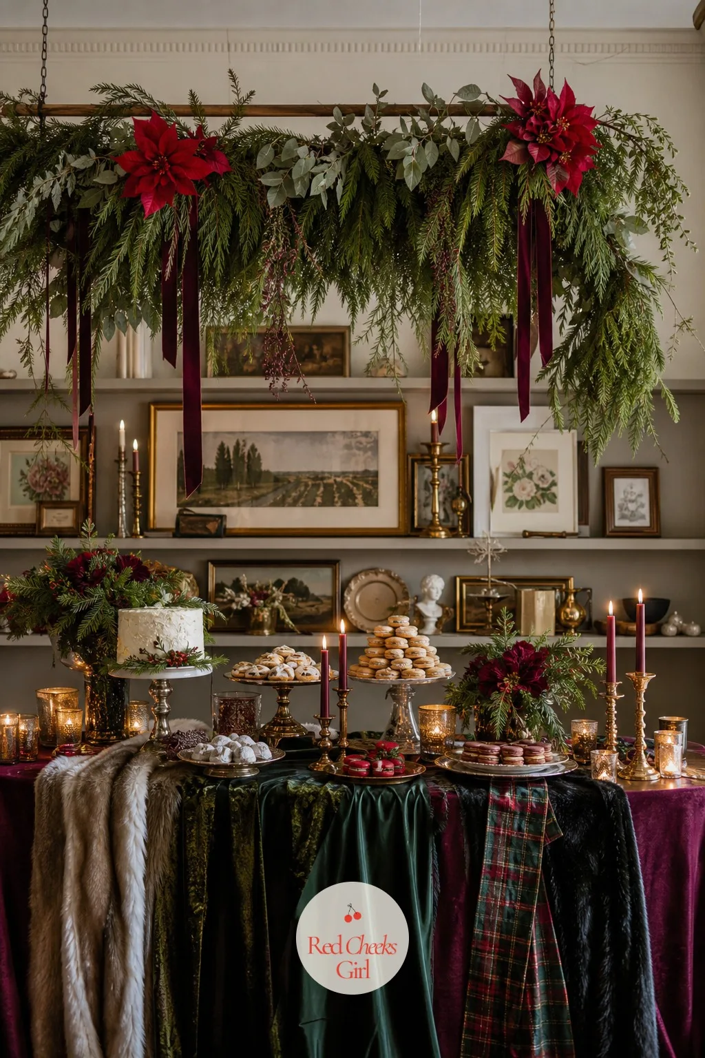 Hanging Evergreen and Poinsettia Installation — The ceiling over the dessert table is dead space until something hangs from it. Winter bridal shower ideas