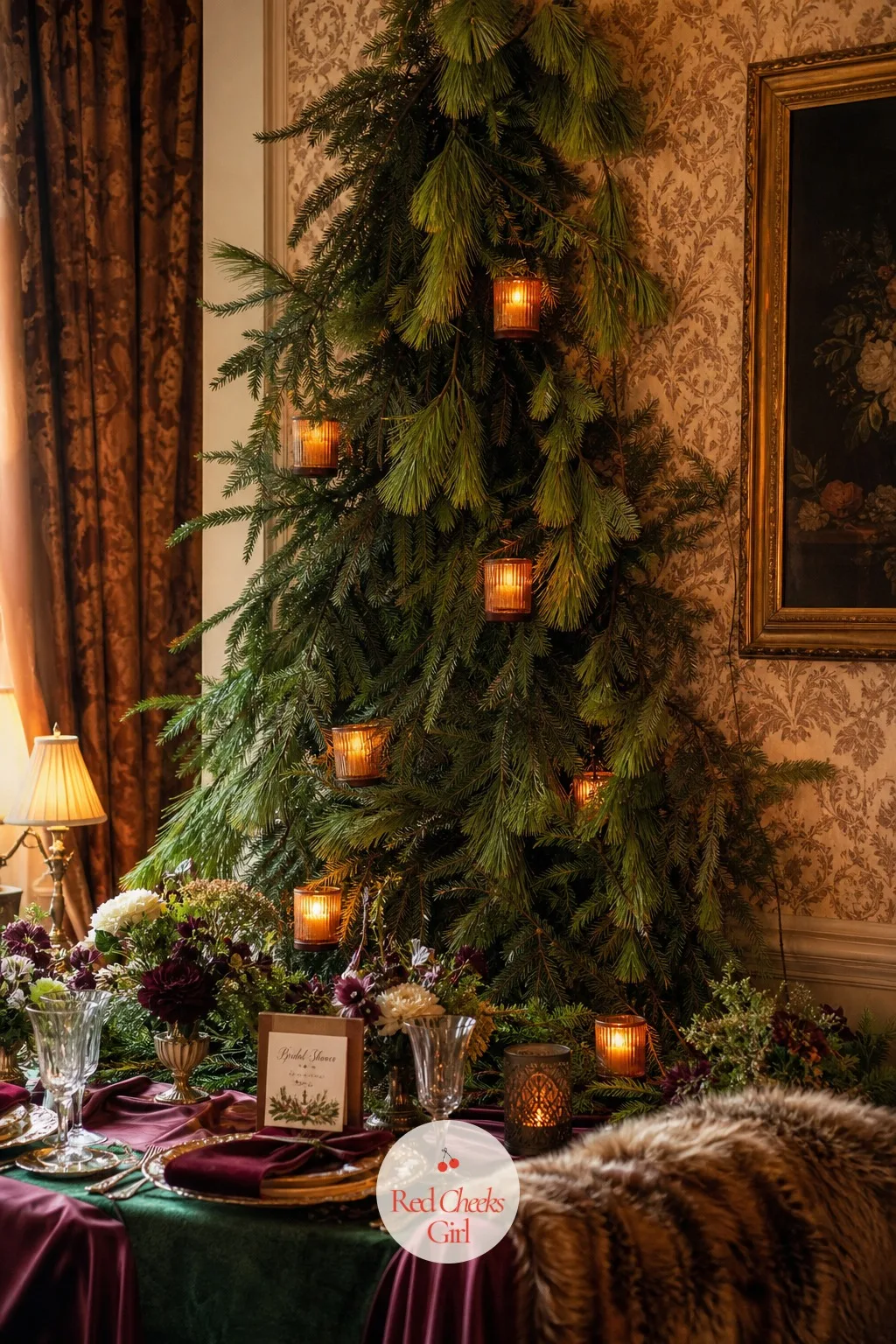 Pine Branch Installation With Candles — A bare corner behind the gift table says nothing. Winter bridal shower ideas