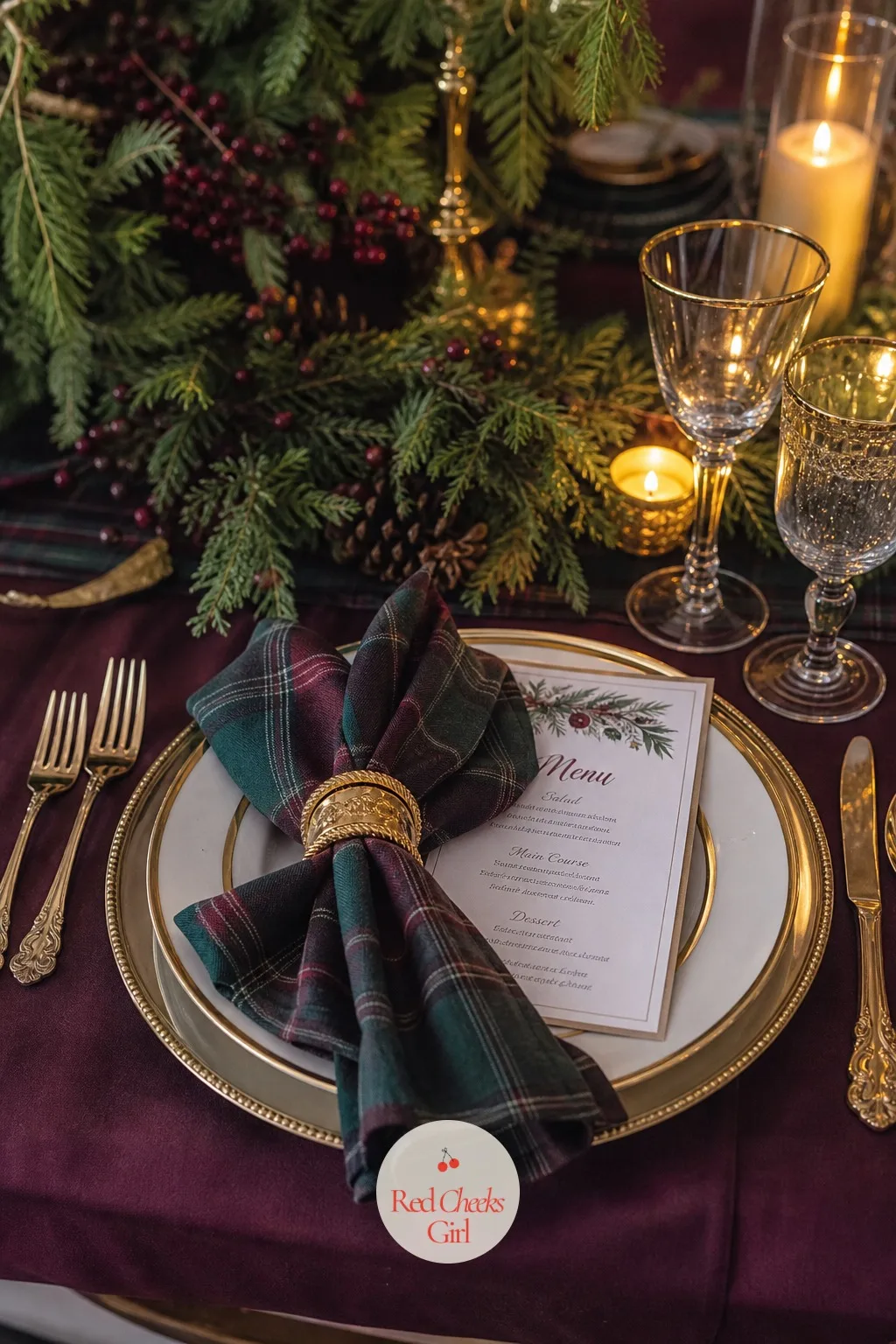Plaid Napkins and Menus — A bare charger plate waits for something to fill it. Winter bridal shower ideas