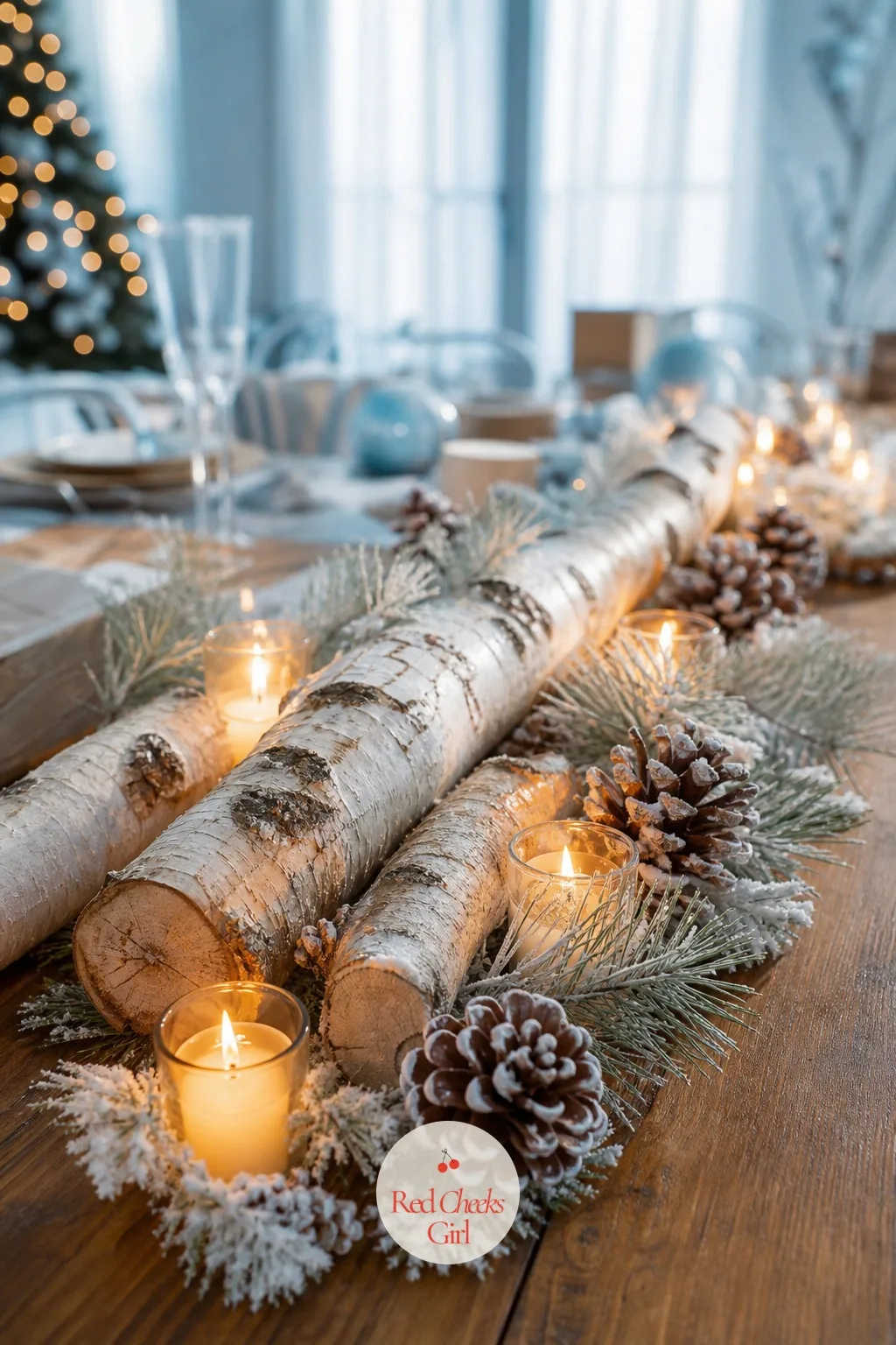 A Birch Log and Pinecone Centerpiece — Real wood on a table reads as effort without actually taking any. Winter gender reveal