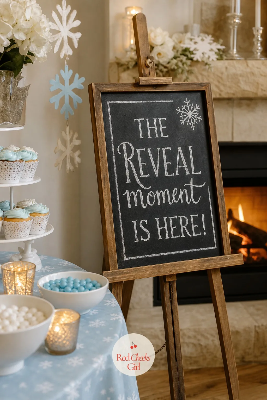 A Chalkboard Easel Sign Announcing the Reveal Moment — This one does a small job of crowd control. Winter gender reveal