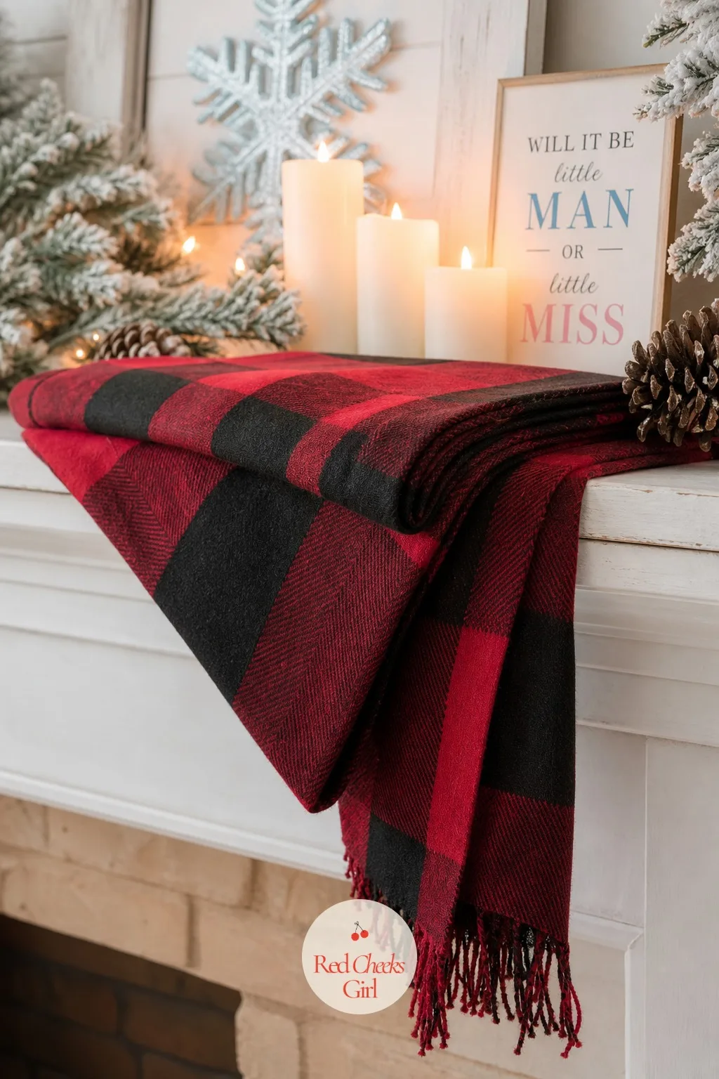 A Flannel Throw Draped Over the Mantel Ledge — The mantel itself can look a little bare under all those candles. Winter gender reveal