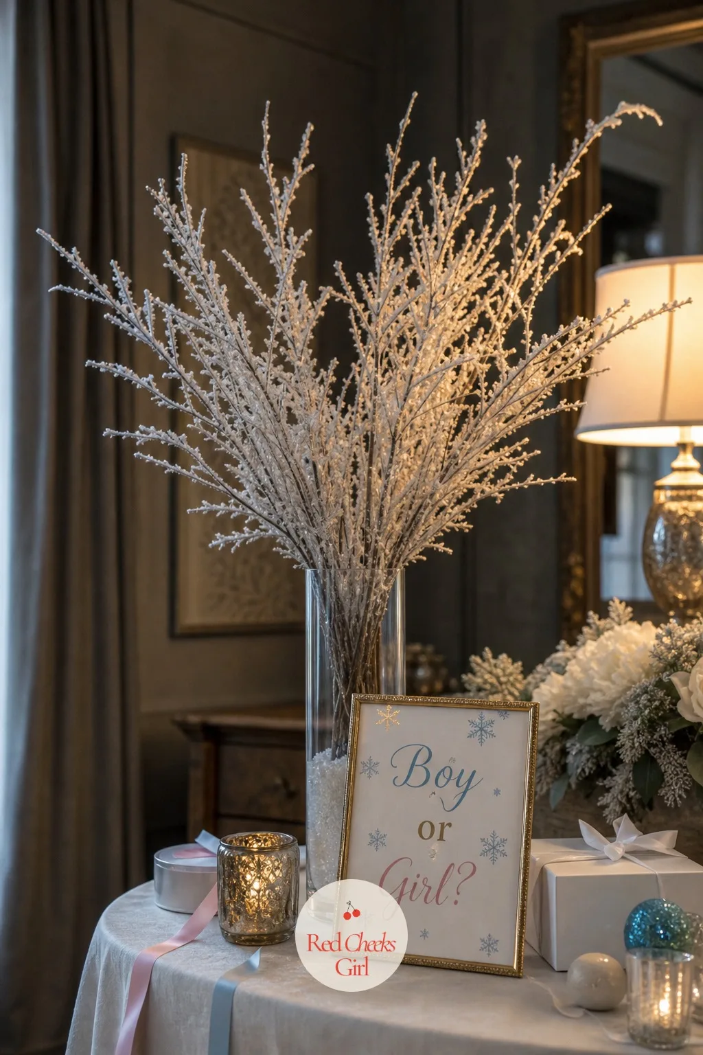 Frosted Branches in a Tall Glass Vase — A tall centerpiece earns its keep when the table is otherwise low and flat. Winter gender reveal