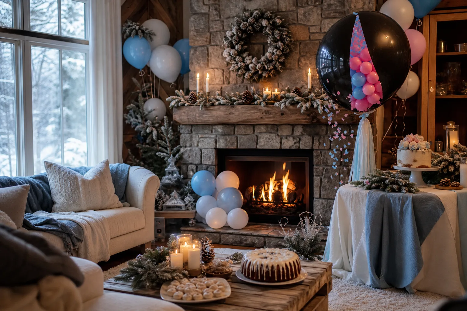 23 Winter Gender Reveal Ideas Staged Indoors by the Fireplace