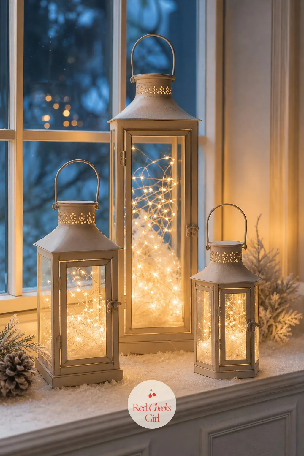 A Lantern Trio With Faux Snow and Fairy Lights — Three lanterns in graduated heights do more for a corner of the room than one large piece ever manages alone.