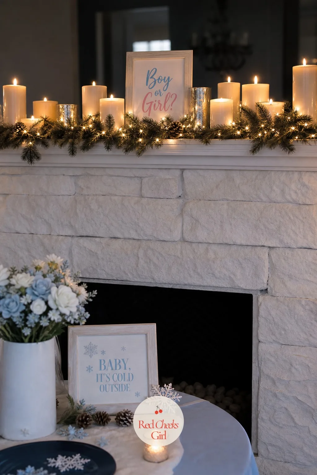 A Mantel Lit with Candles and Twinkle Lights — A bare mantel looks like you forgot about it. Winter gender reveal