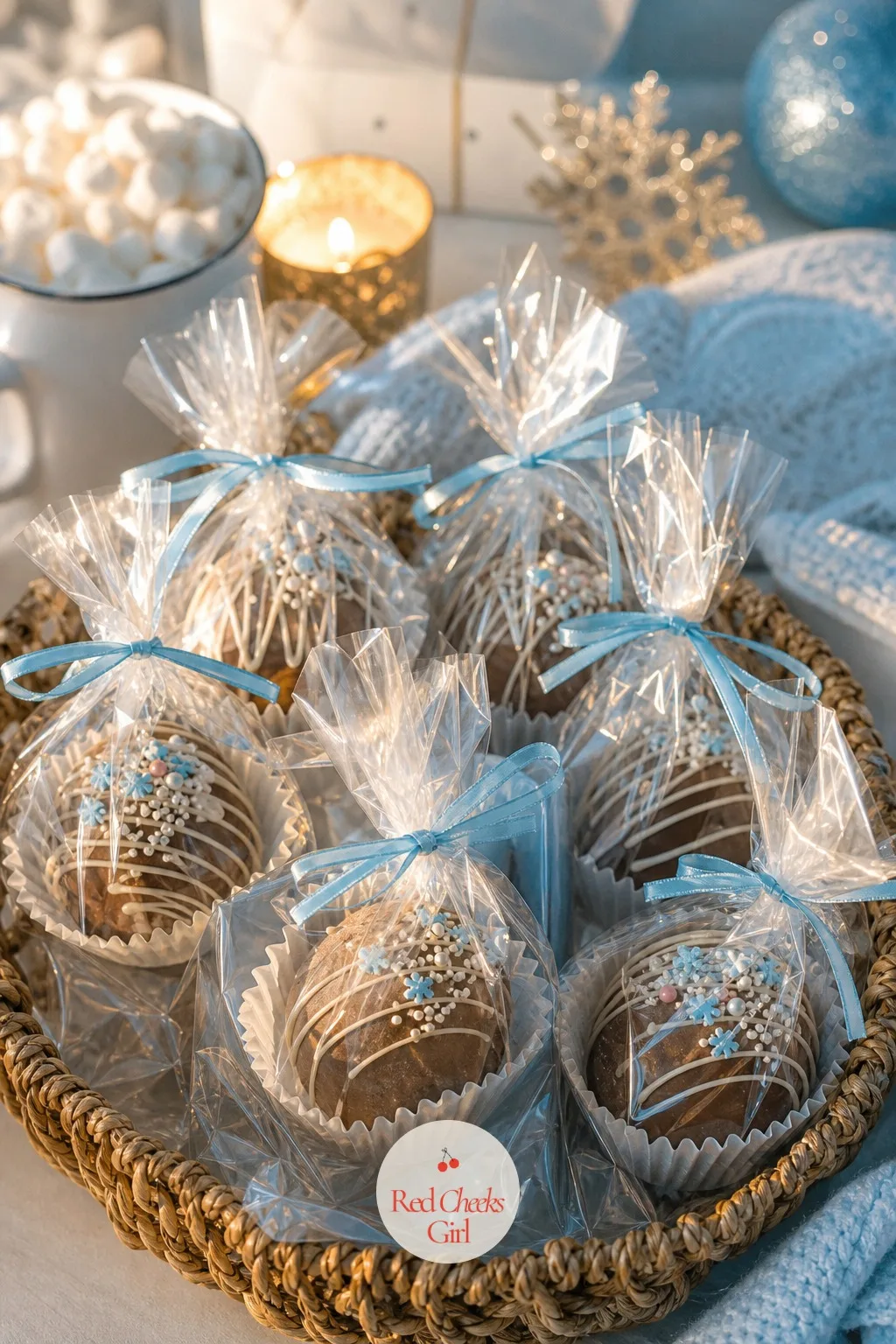 Mini Hot Cocoa Bombs Wrapped in Clear Bags — This one doubles as a parting gift and a tiny echo of the reveal game earlier in the day. Winter gender reveal
