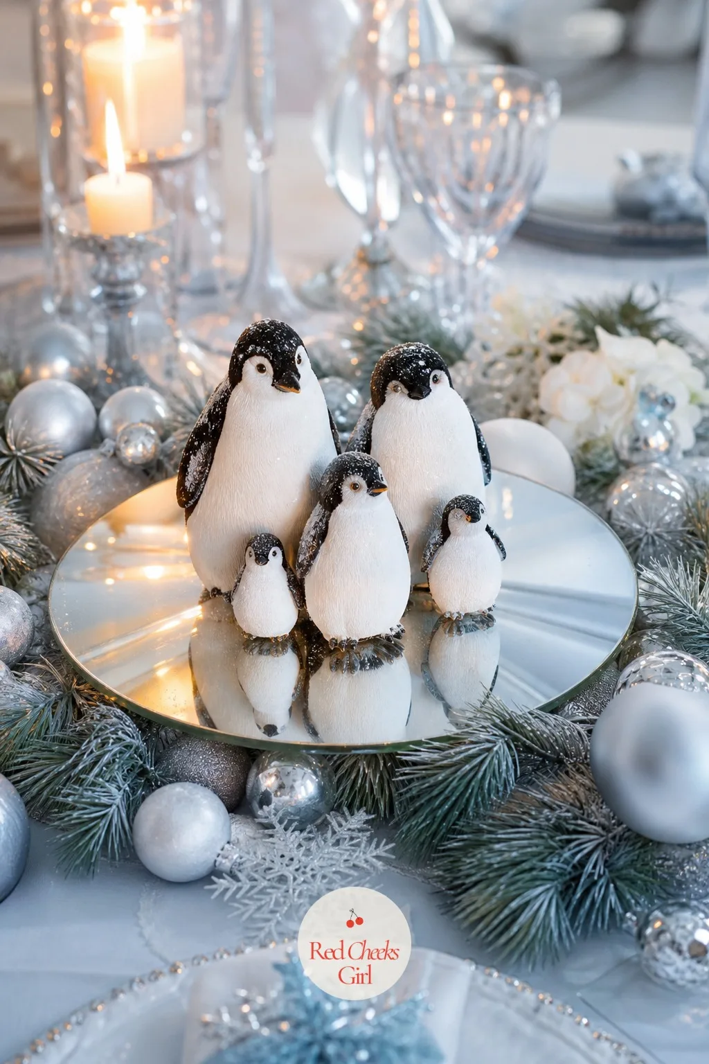 A Penguin Huddle Centerpiece — A penguin reads as playful in a way a polar bear does not, so this one suits a table with more kids wandering past it. Winter