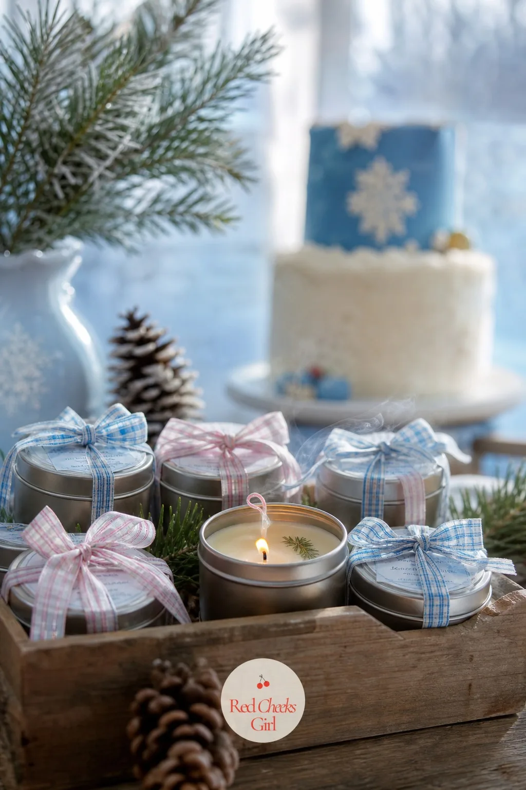 Pine-Scented Candle Favors Tied With Ribbon — A favor that gets used weeks later is worth more than one eaten in the car on the way home. Winter gender reveal