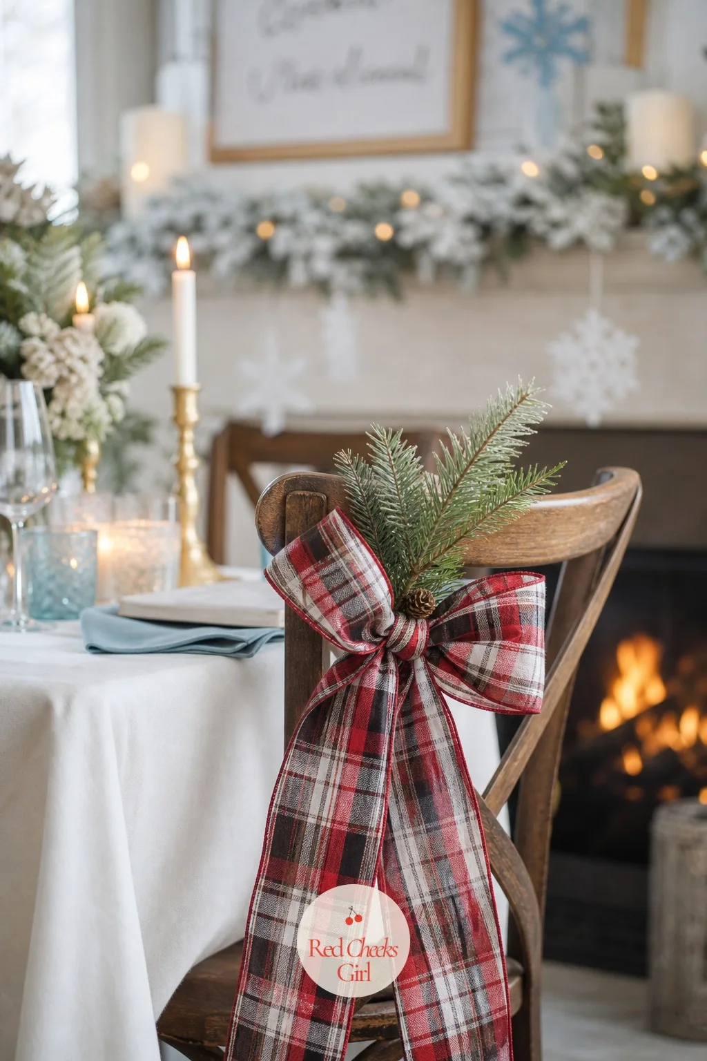 Plaid Ribbon Chair Ties by the Fireplace Seating — The chairs closest to the fire are the ones every photo will catch, so give them a small reason to look