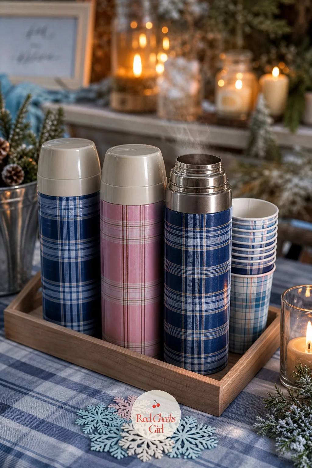 A Plaid Thermos Flight for the Drinks Table — Skip the usual punch bowl. Winter gender reveal
