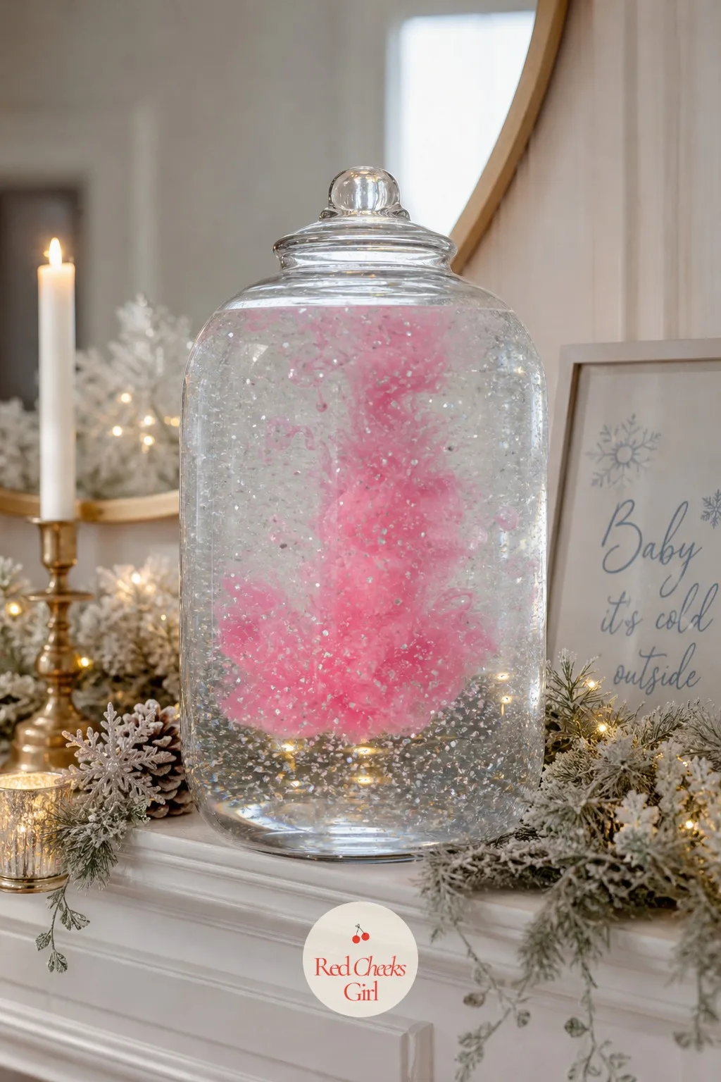 The Snow Globe Reveal — A snow globe already looks like a small held breath, which is exactly the feeling this reveal borrows. Winter gender reveal