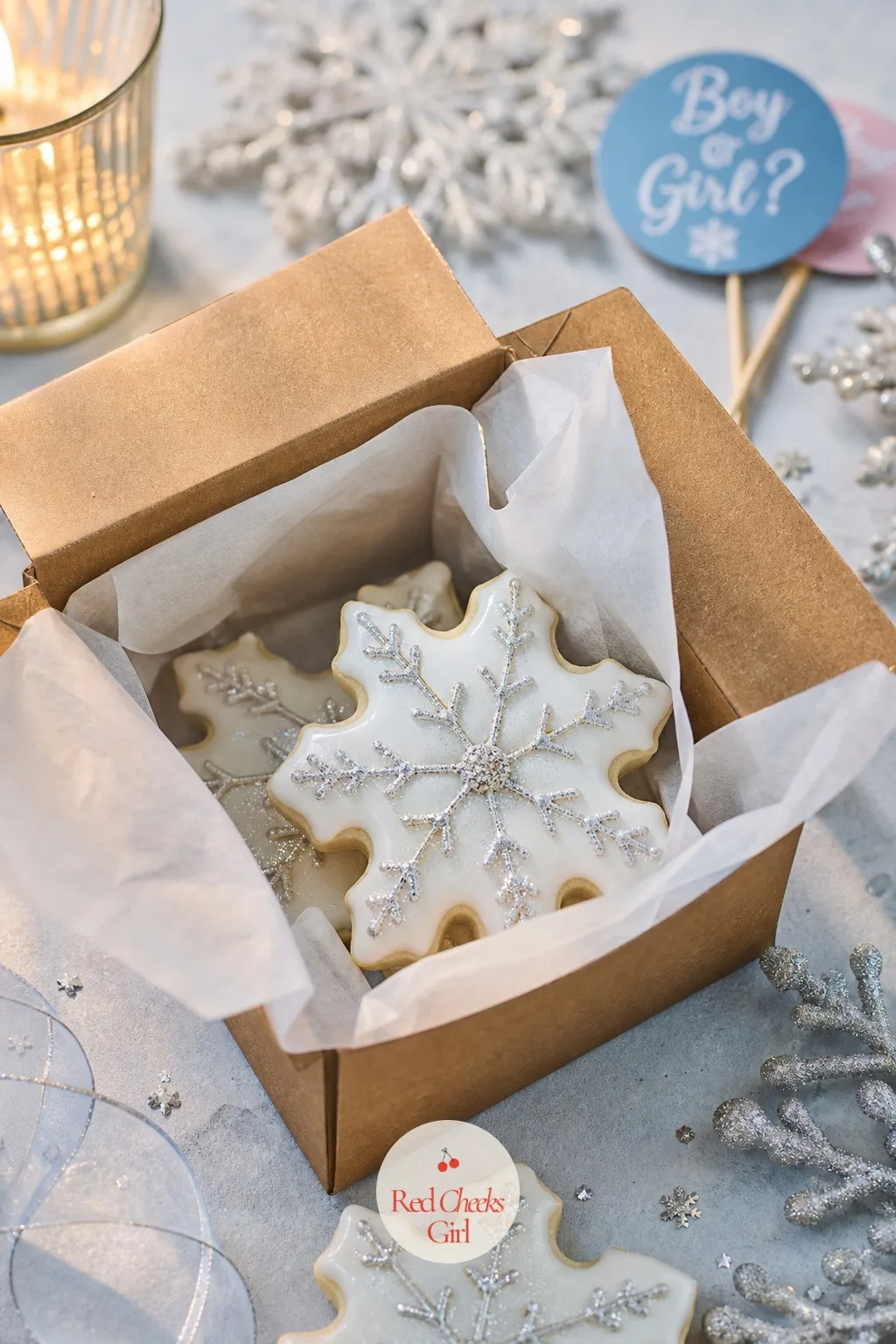 Snowflake Sugar Cookie Favors in Kraft Boxes — One cookie, well wrapped, reads as more generous than a handful of loose candy ever does. Winter gender reveal