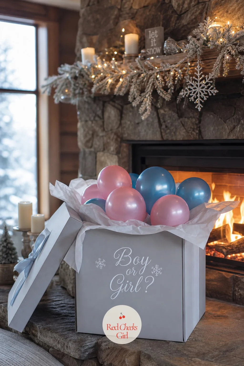 A Wrapped Gift Box Reveal by the Fireplace — This is the moment for the person who wants drama without a single balloon in the room. Winter gender reveal