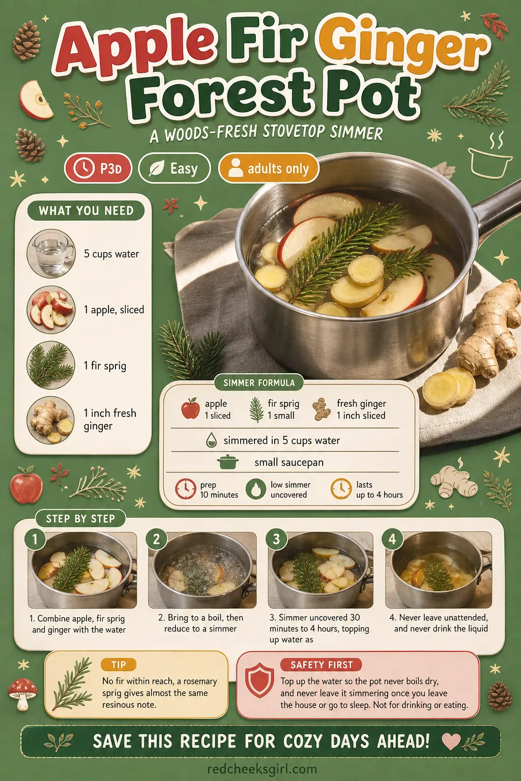 Apple Fir Ginger Forest Pot Craft Card printable sheet. Winter simmer pot recipes