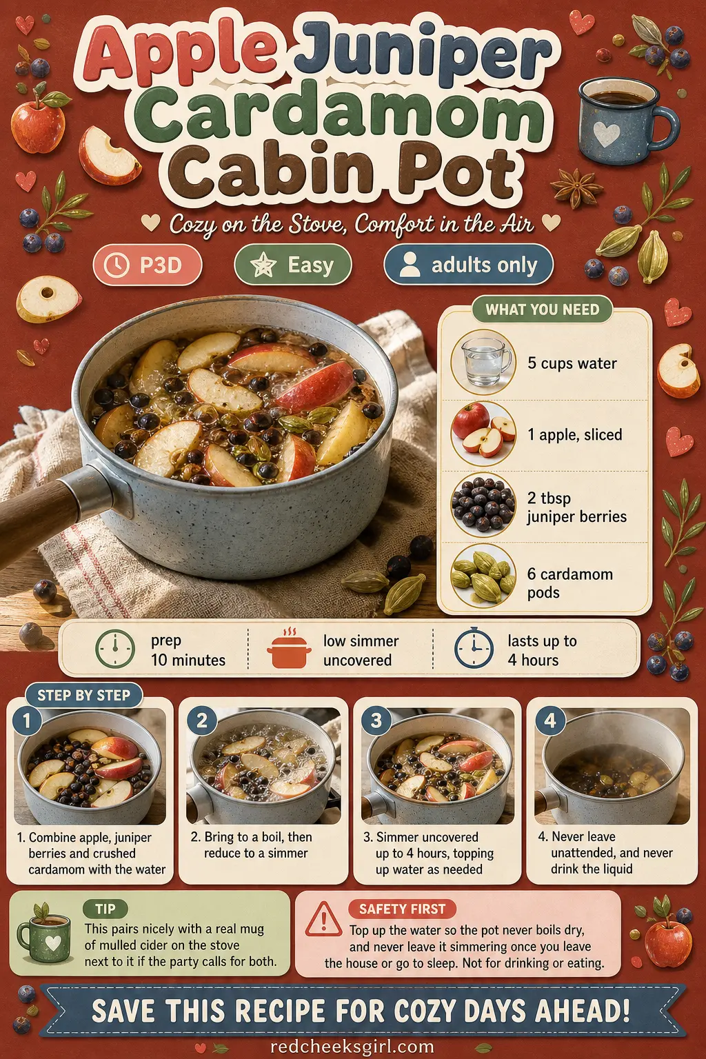 Apple Juniper Cardamom Cabin Pot Craft Card printable sheet. Winter simmer pot recipes