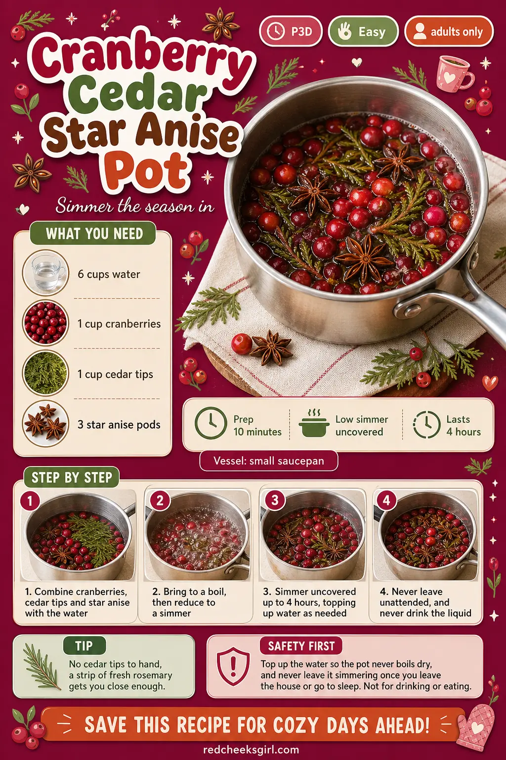 Cranberry Cedar Star Anise Pot Craft Card printable sheet. Winter simmer pot recipes