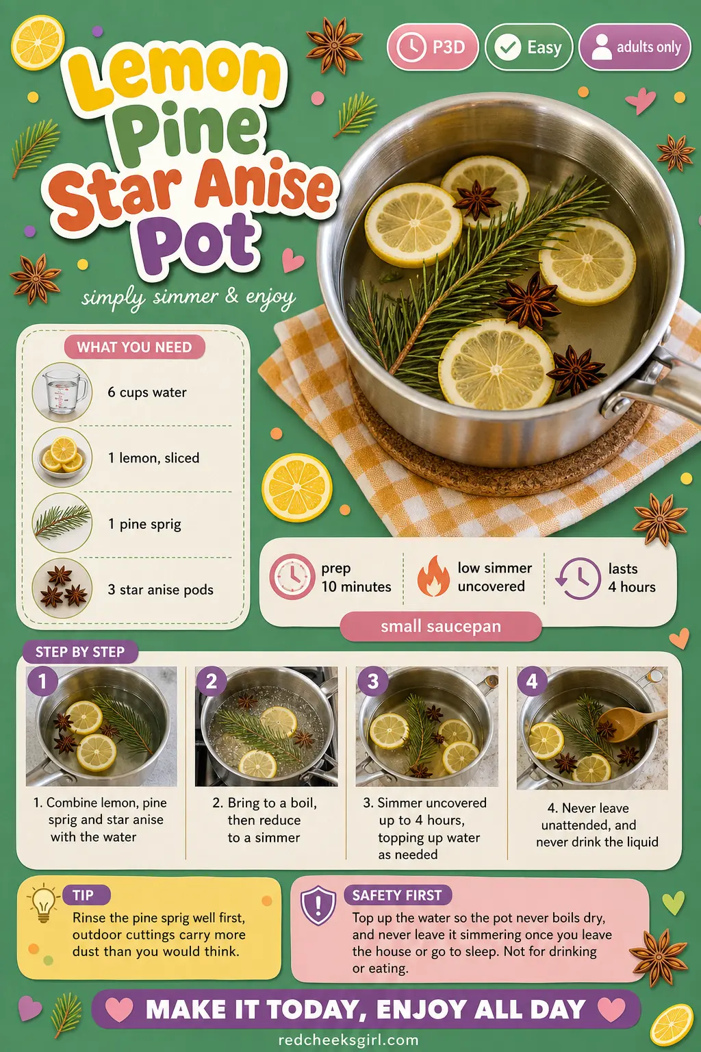 Lemon Pine Star Anise Pot Craft Card printable sheet. Winter simmer pot recipes