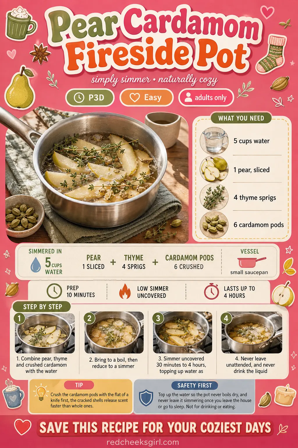 Pear Cardamom Fireside Pot Craft Card printable sheet. Winter simmer pot recipes