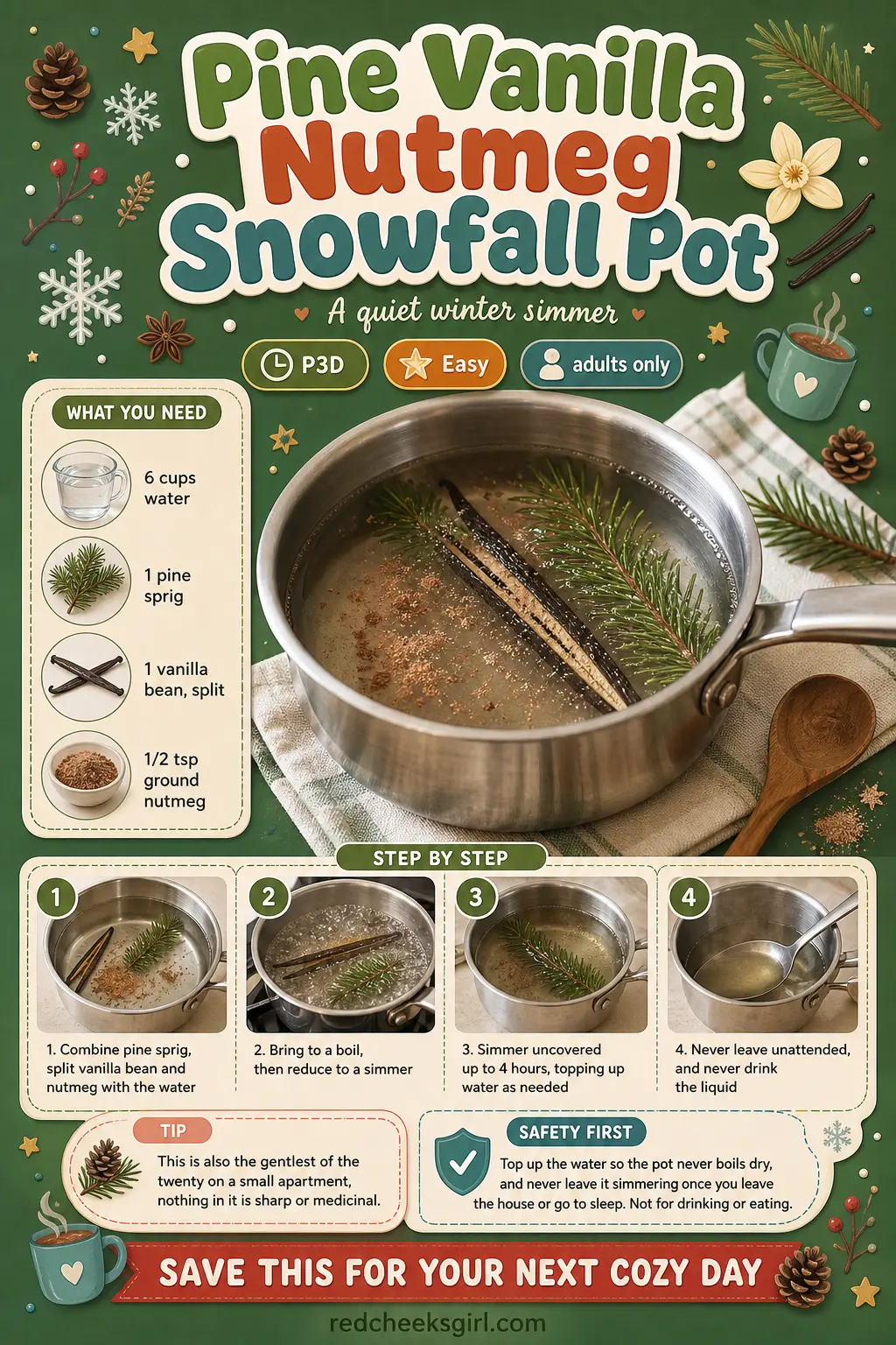 Pine Vanilla Nutmeg Snowfall Pot Craft Card printable sheet. Winter simmer pot recipes