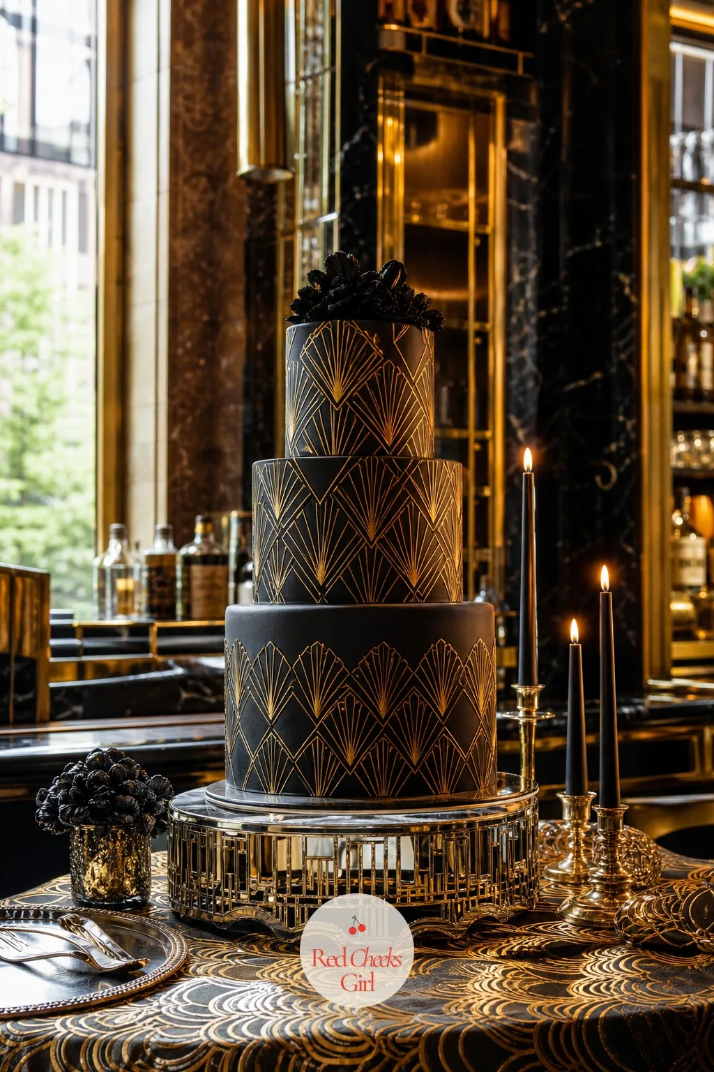 Black and Gold Art Deco Tiered Cake — Smooth black fondant tiers with geometric gold piped lines running vertically, fanning out at the base of each layer in a