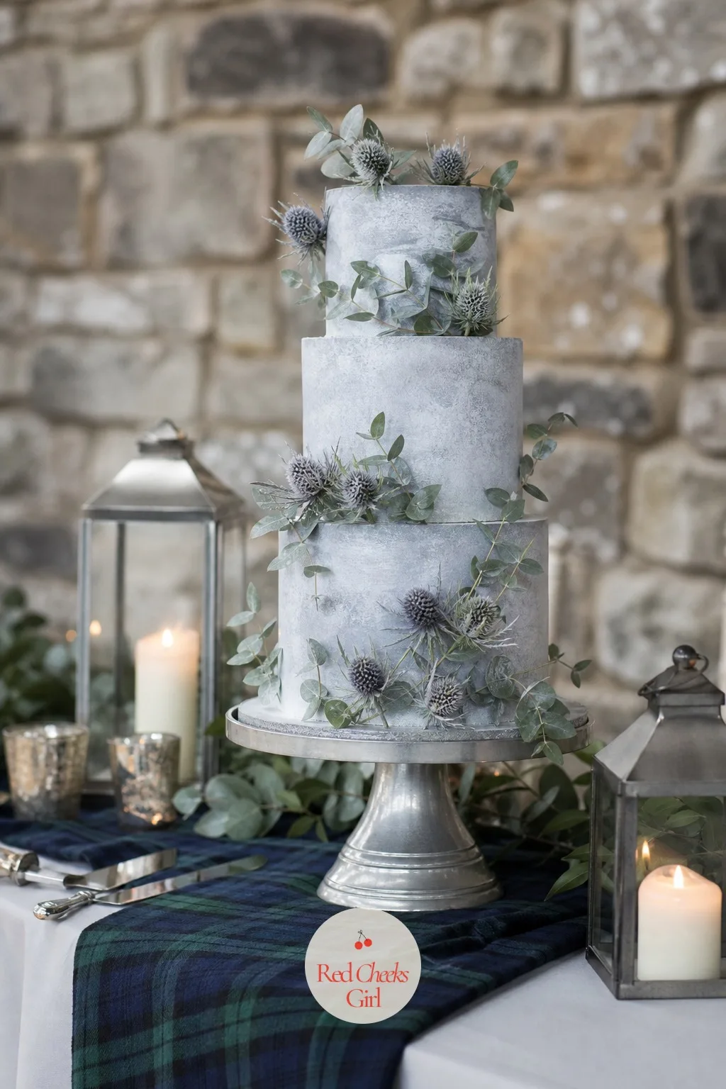 Cake With Frosted Thistle and Silver Eucalyptus — Dried or sugared thistle heads in a muted grey-blue pressed into a pale grey cake alongside sprigs of