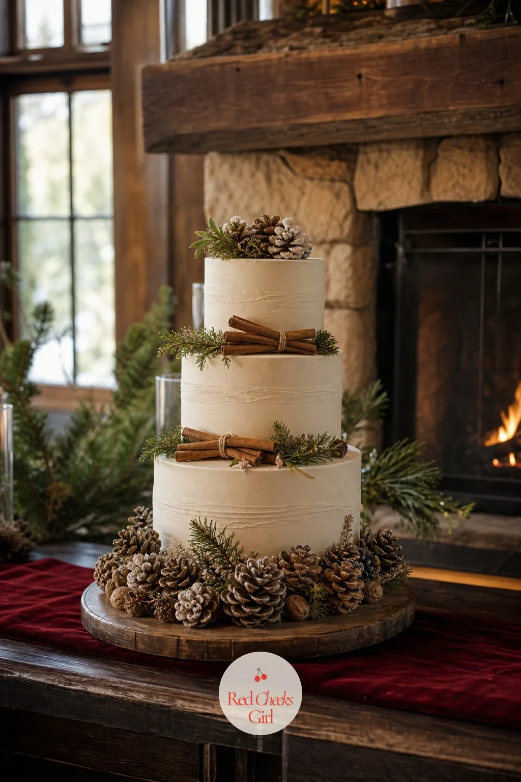 Cake With Pine Cones and Cinnamon — Small natural or sugar-paste pinecones sit stacked at the base of a cream-coloured cake, with whole cinnamon sticks bundled
