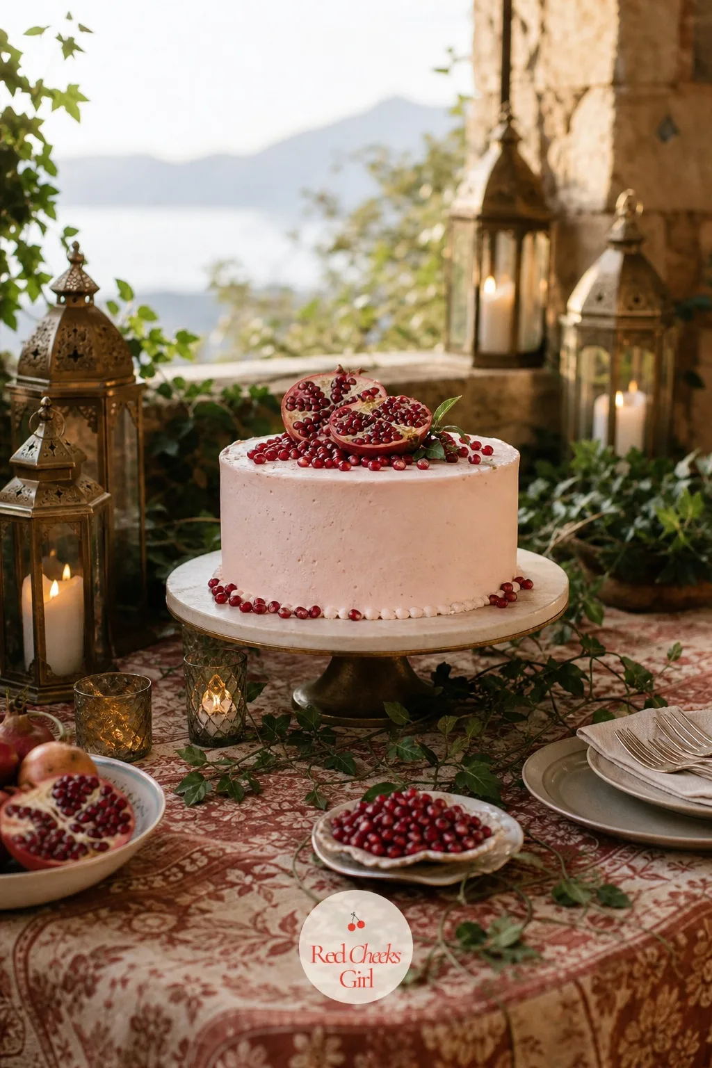 Cake With Pomegranates — Whole and halved pomegranates, cut so the seeds spill slightly onto the top tier, sit alongside a handful of loose seeds scattered