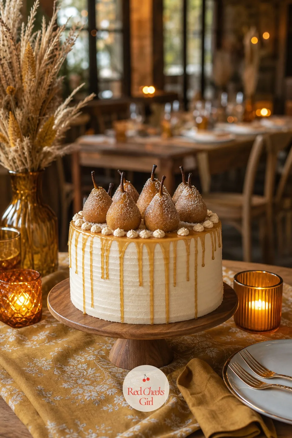 Cake With Sugared Pears and Amber Honey Drizzle — Whole sugared pears balanced on the top tier with a slow drizzle of amber-toned icing running down the sides