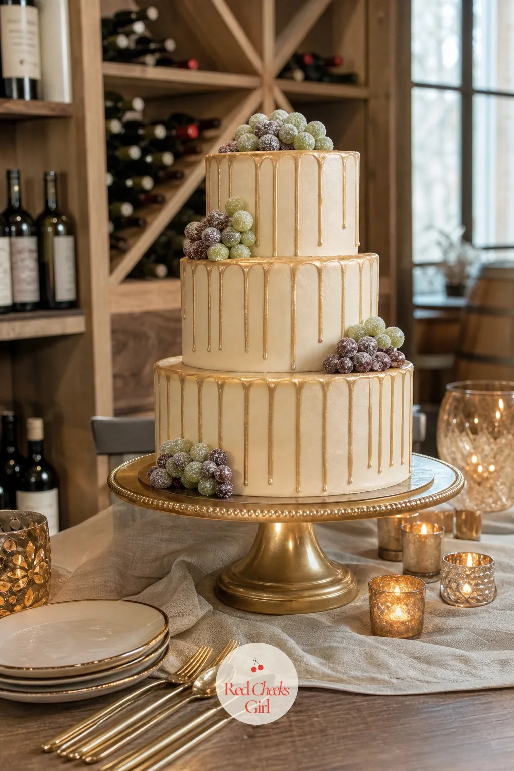 Champagne Gold Drip Cake With Sugared Grapes — A pale champagne-coloured cake with a slow gold-tinted drip running down from the top tier, finished with small