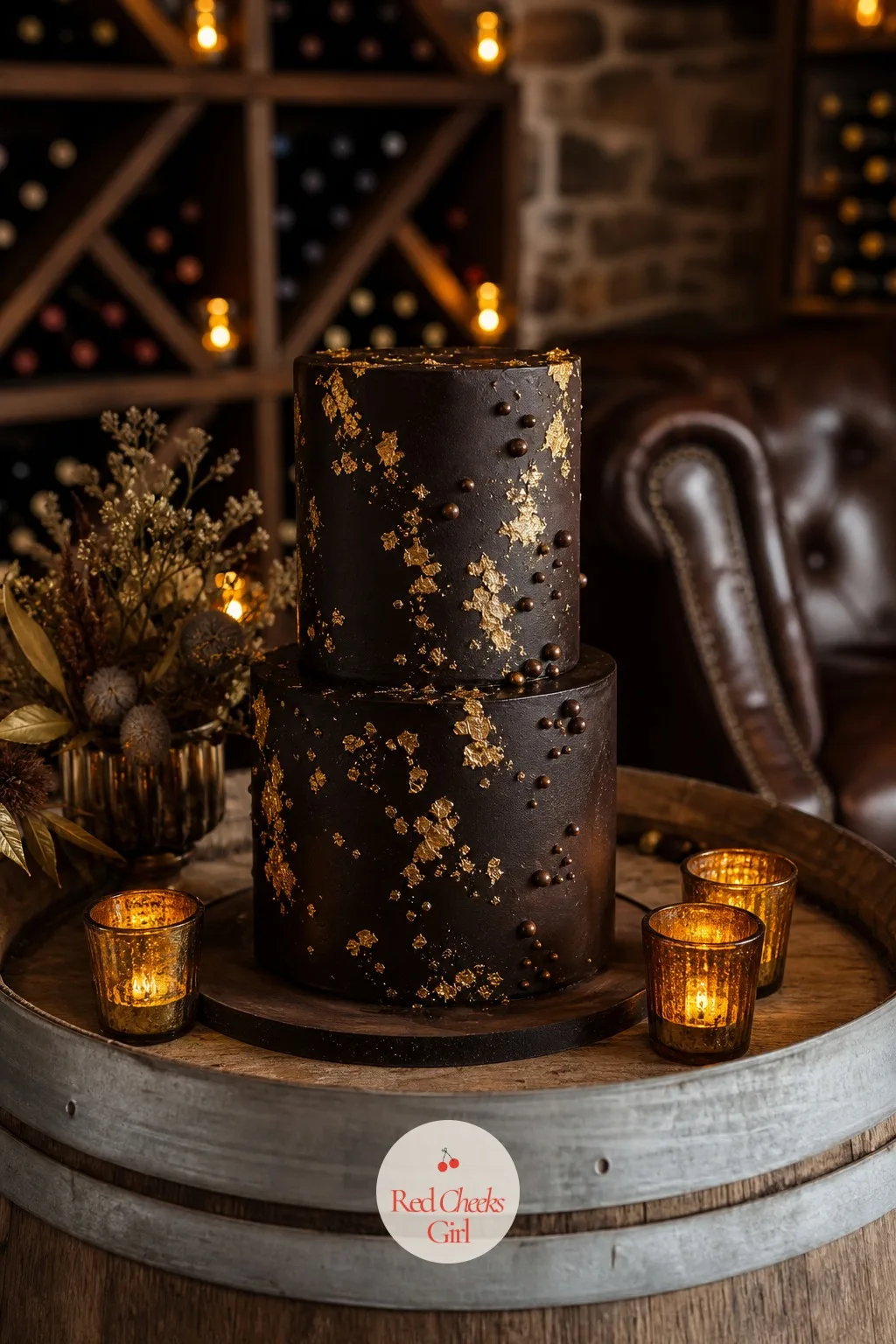 Chocolate Cake With Gold — Dark chocolate ganache poured smooth over every tier, finished with loose gold leaf and a scatter of chocolate pearls at the base