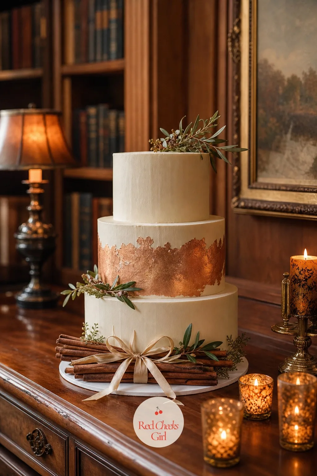 Copper Leaf Cake With Cinnamon Stick Accents — Warm copper leaf applied in a band around the middle tier only, with whole cinnamon sticks standing upright in a