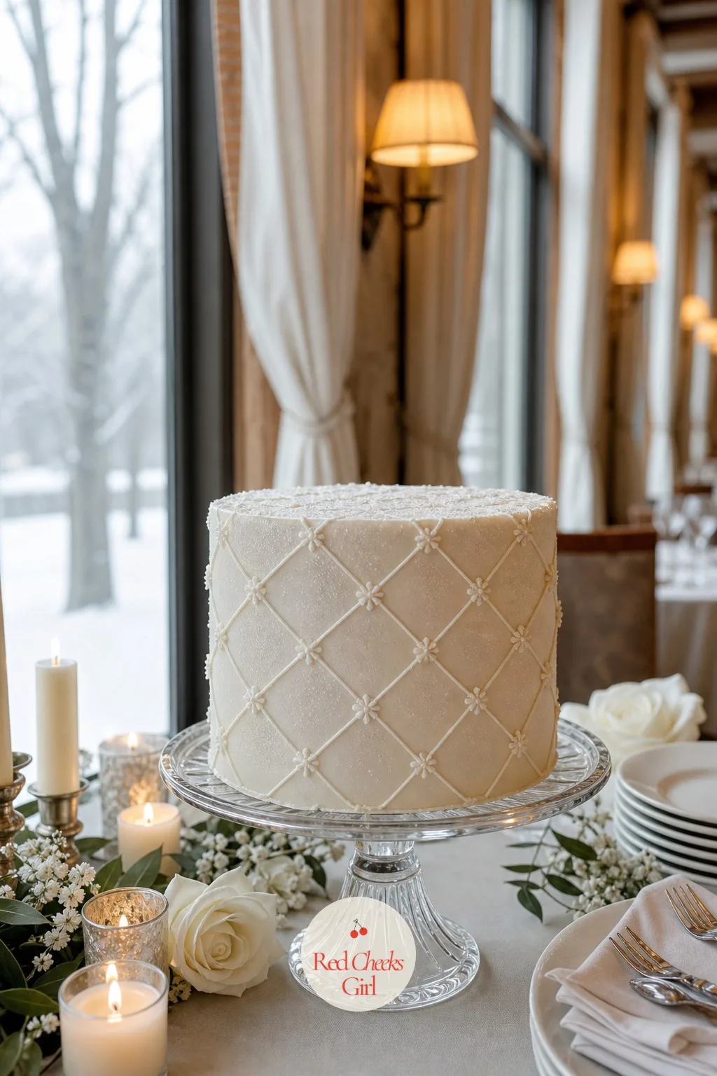 Crystallized Frosted Windowpane Cake — Pale icing with a fine crosshatch of piped royal icing lines across each tier, dusted with edible glitter so the whole